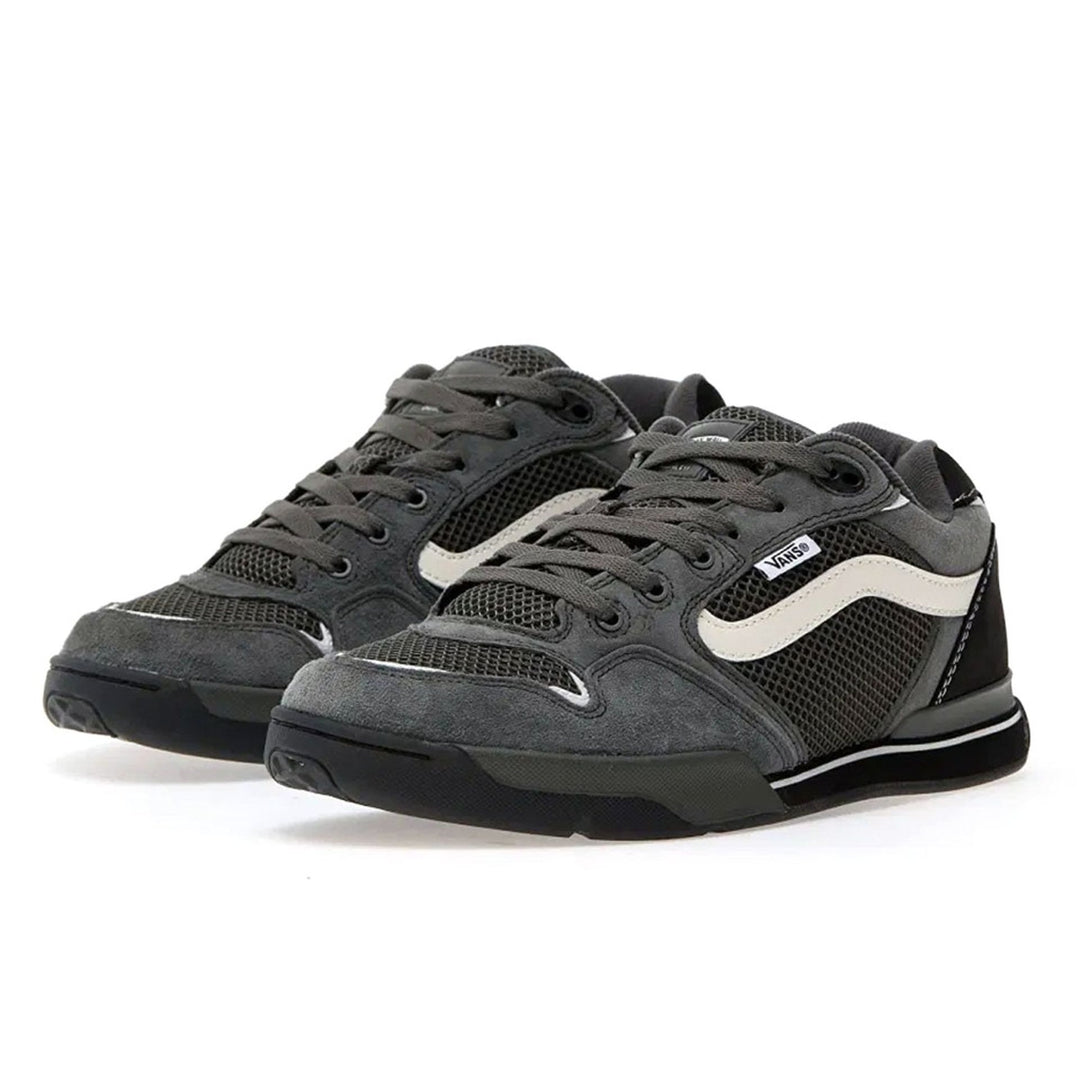 Pair of black and gray sneakers with a white logo on a white background