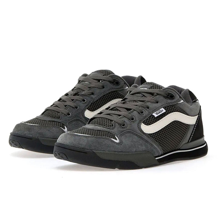 Pair of black and gray sneakers with a white logo on a white background