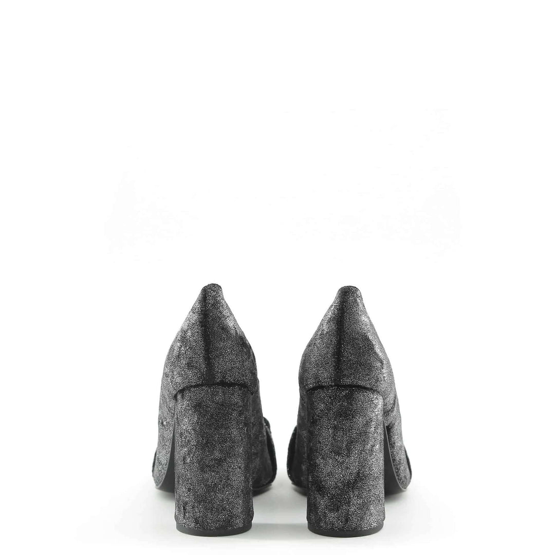 Pair of gray high-heeled shoes on a white background