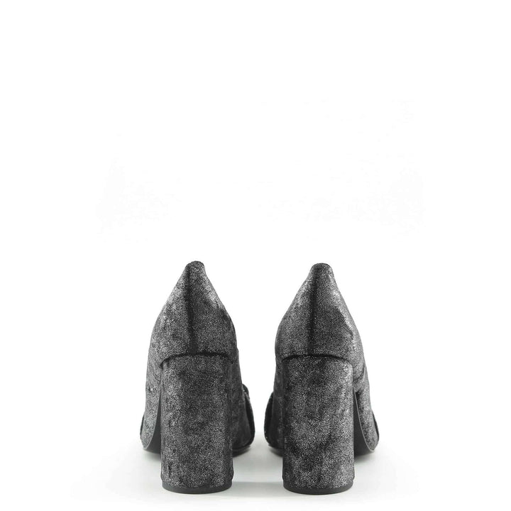 Pair of gray high-heeled shoes on a white background