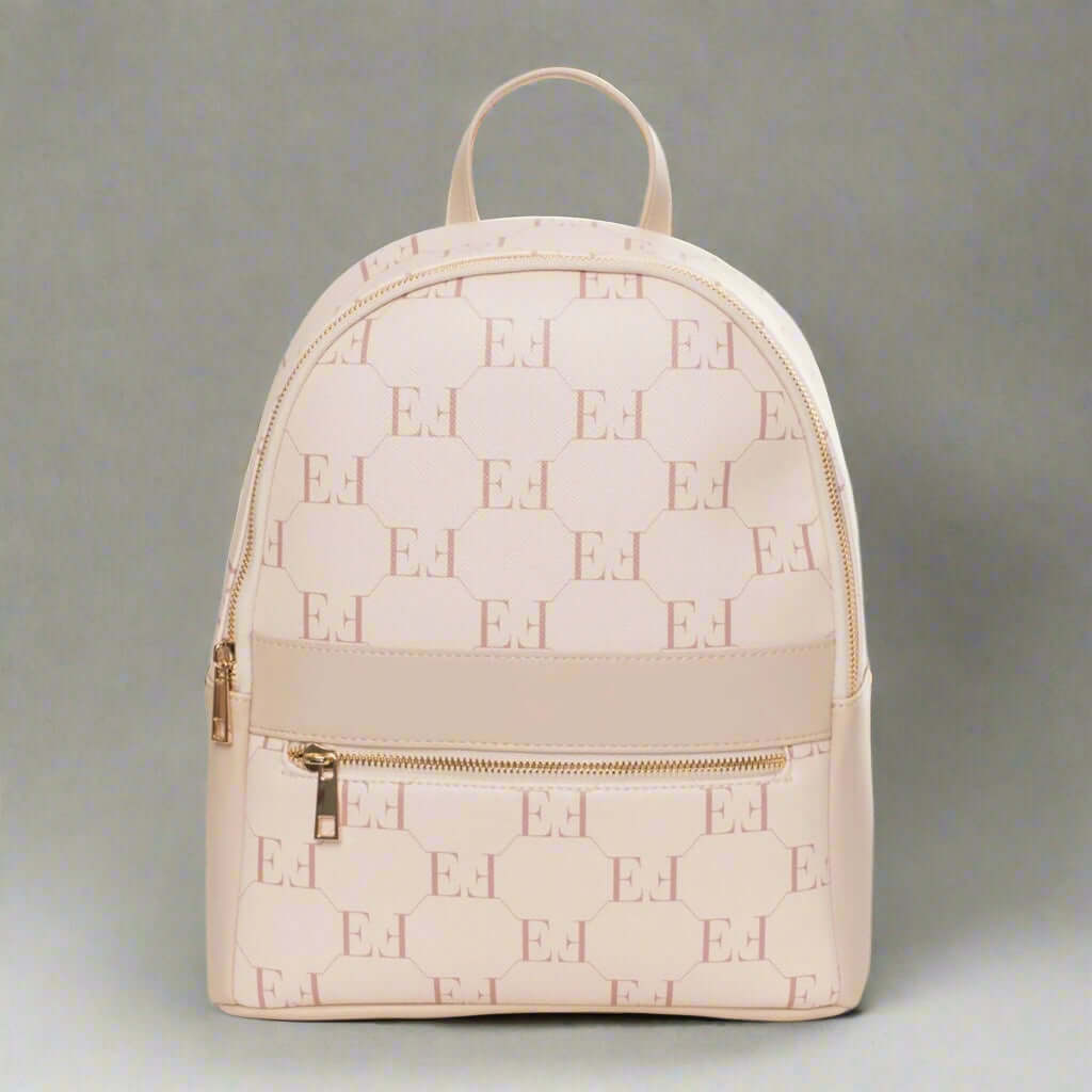 Beige backpack with a repeated logo pattern on a white background