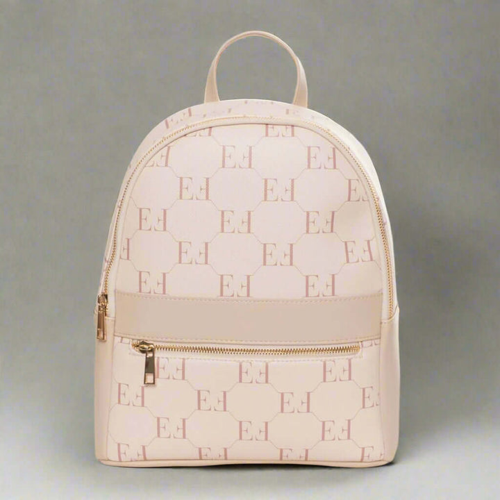 Beige backpack with a repeated logo pattern on a white background