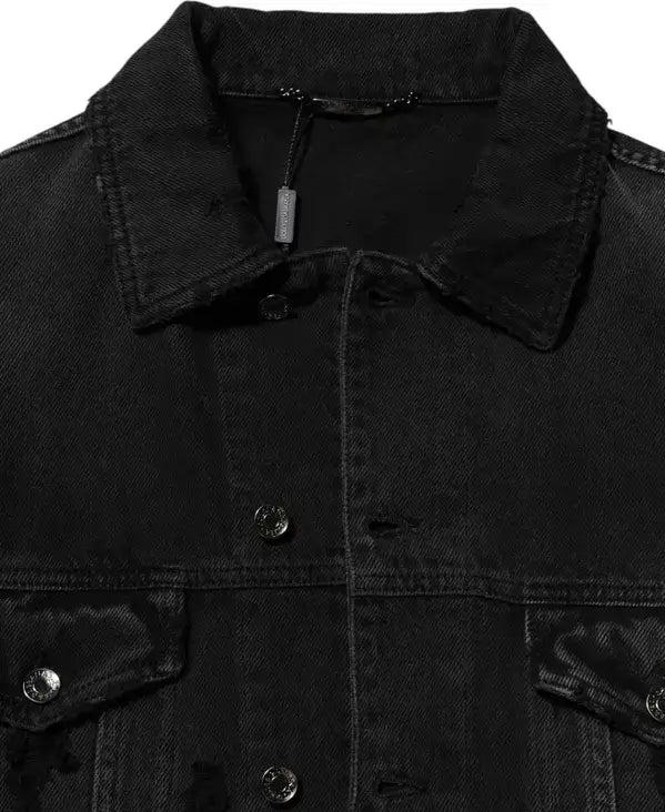 Dolce & Gabbana Black Cotton Stretch Denim Blouson Jacket close-up view, showcasing luxury fashion details.