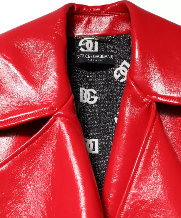 Close-up of a red leather jacket with Dolce & Gabbana label