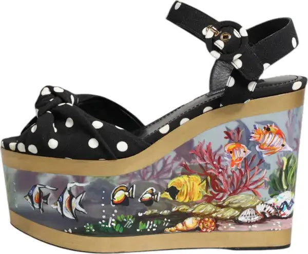 Black polka dot wedge sandal with an underwater scene design on the sole.