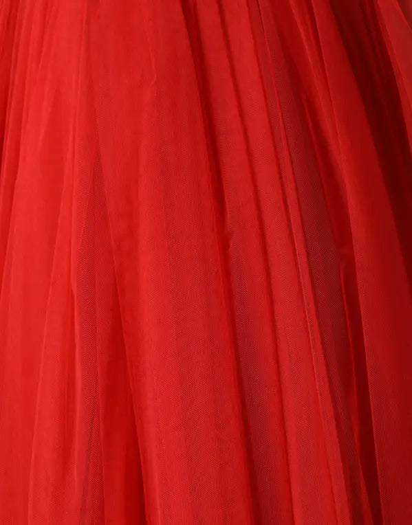 Dolce & Gabbana Red Floral Off Shoulder A-line Gown Dress showcases a rich red flowing fabric with delicate tulle layers.