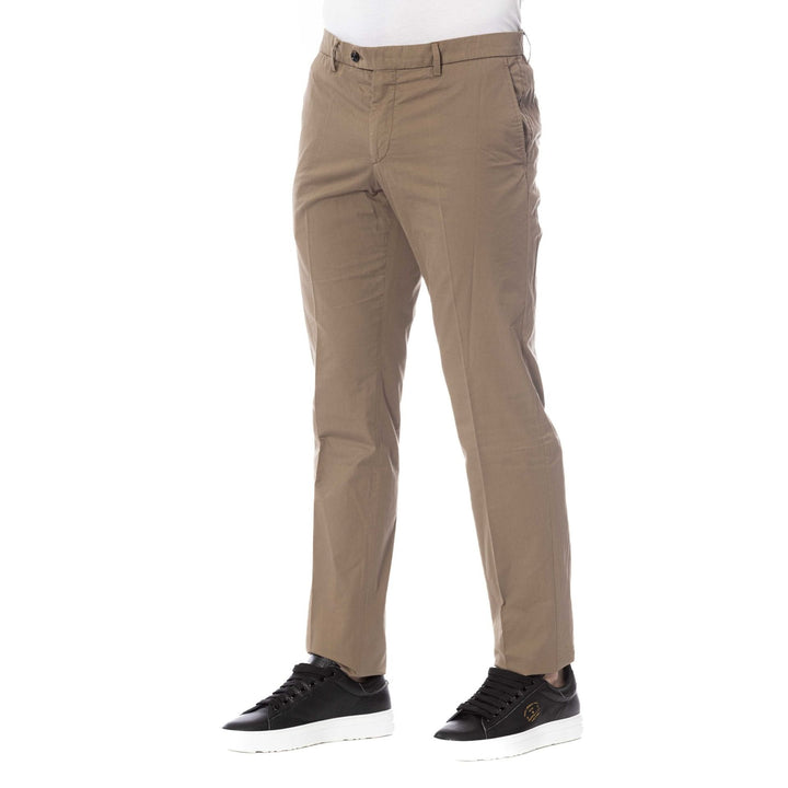 A pair of brown Trussardi trousers with a front fly fastening, visible button, and four pockets.