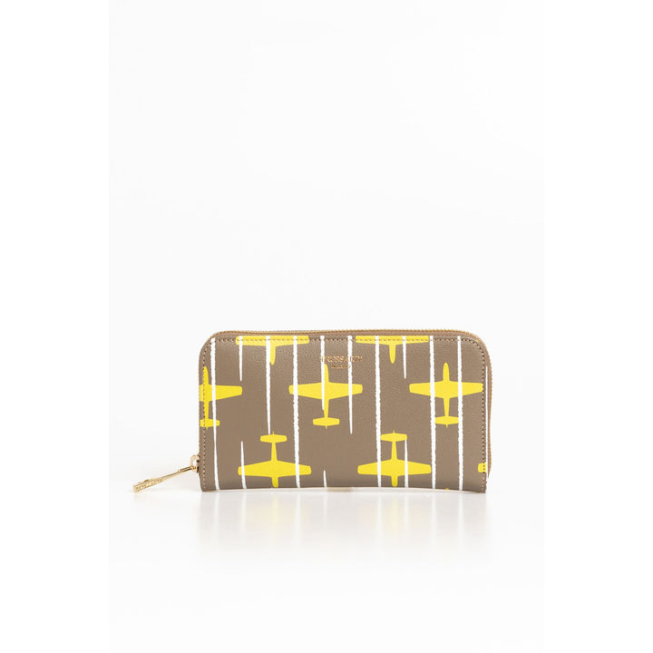 A Trussardi wallet with a yellow and brown geometric pattern and a zipper fastening.