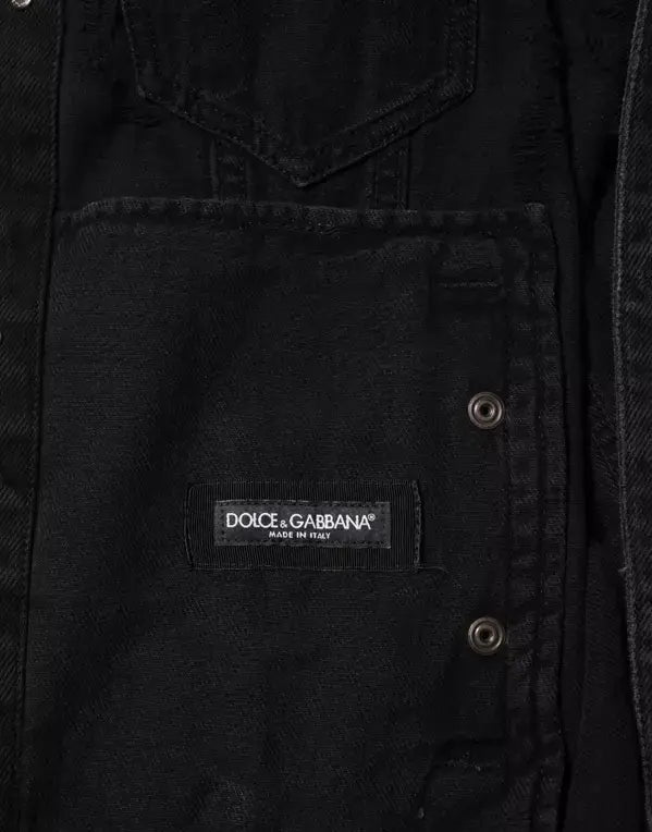 Dolce & Gabbana Black Cotton Stretch Denim Blouson Jacket interior view showcasing logo and button details.