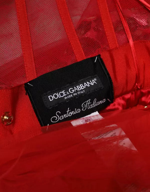Dolce & Gabbana Red Floral Off Shoulder A-line Gown Dress tag showcasing luxury fashion craftsmanship.