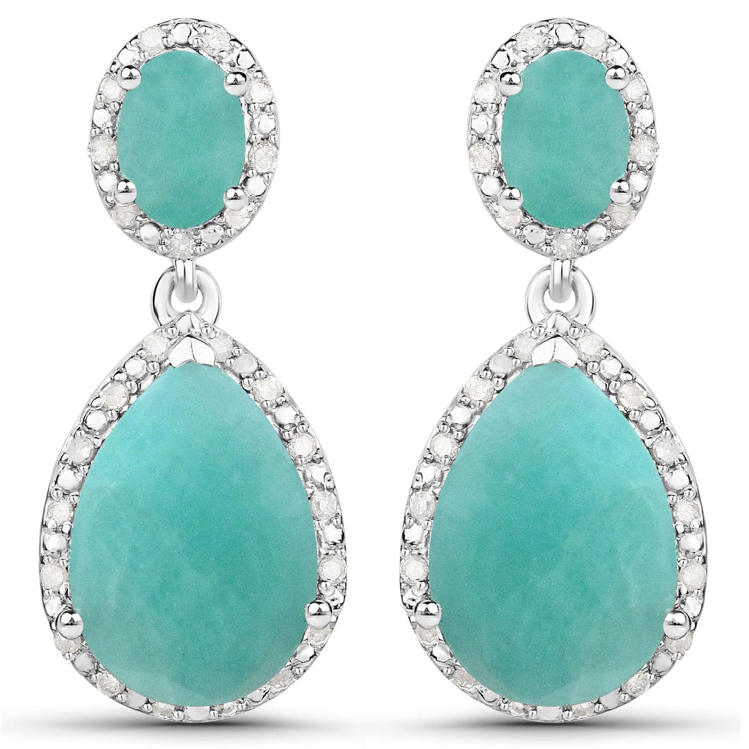 9.64 Carat Genuine Emerald and White Diamond .925 Sterling Silver Earrings