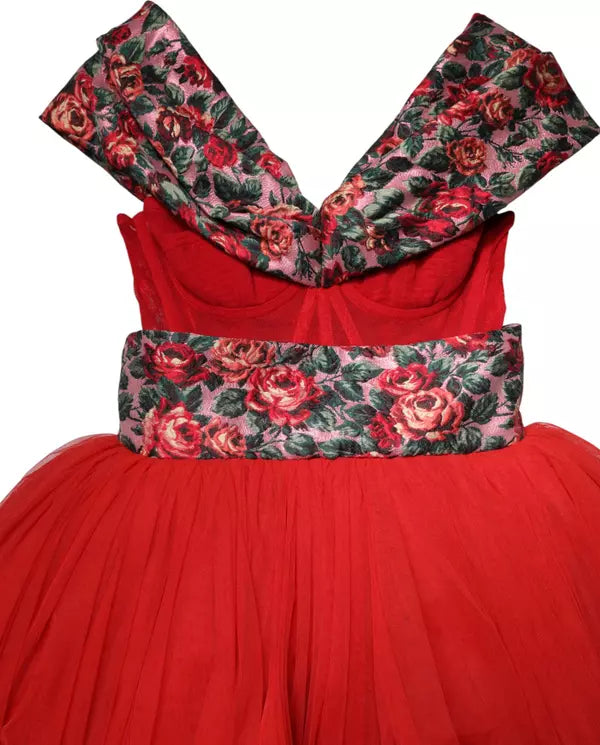 Back view of the luxurious Dolce & Gabbana Red Floral Off Shoulder A-line Gown Dress featuring a floral neckline.