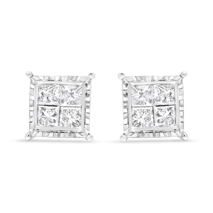 14K White Gold 1 1/2 Cttw Invisible Set Princess-Cut Diamond Contemporary Wavy Quad Stud Earrings (I-J Color, I1-I2 Clarity)