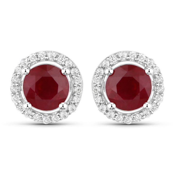 1.22 Carat Genuine Ruby and White Diamond 14K White Gold Earrings