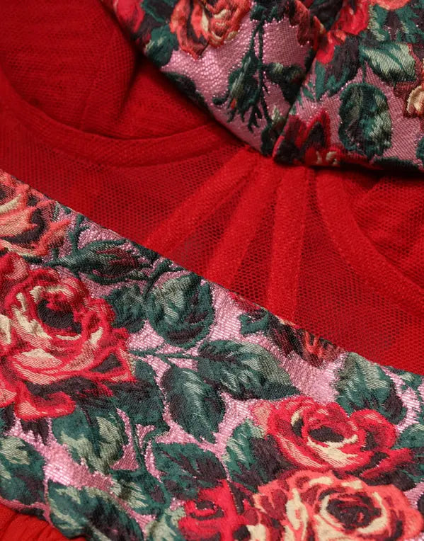 Dolce & Gabbana Red Floral Off Shoulder A-line Gown Dress detailing luxurious floral fabric and vibrant red hue.