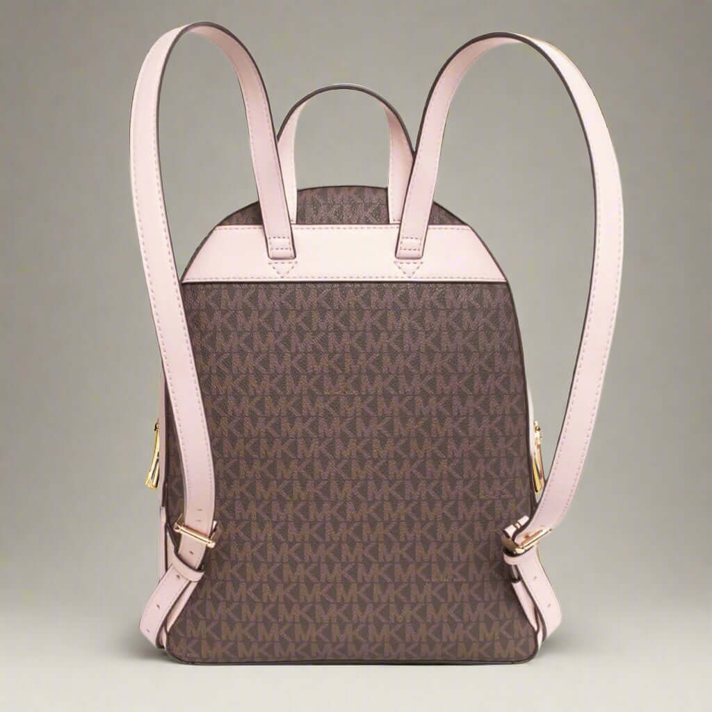 Brown backpack with pink straps on a white background