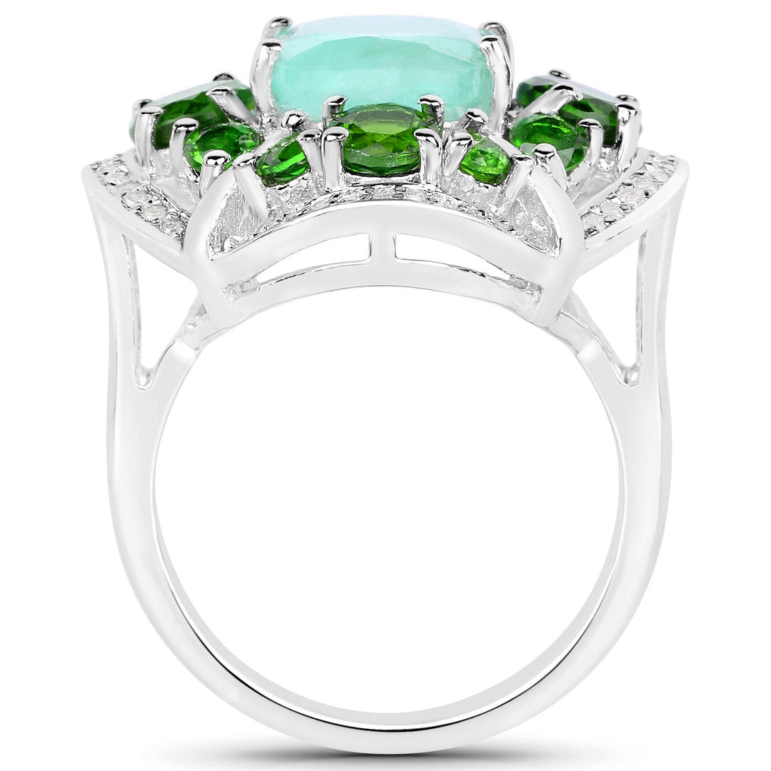 5.49 Carat Genuine Emerald, Chrome Diopside and White Diamond .925 Sterling Silver Ring