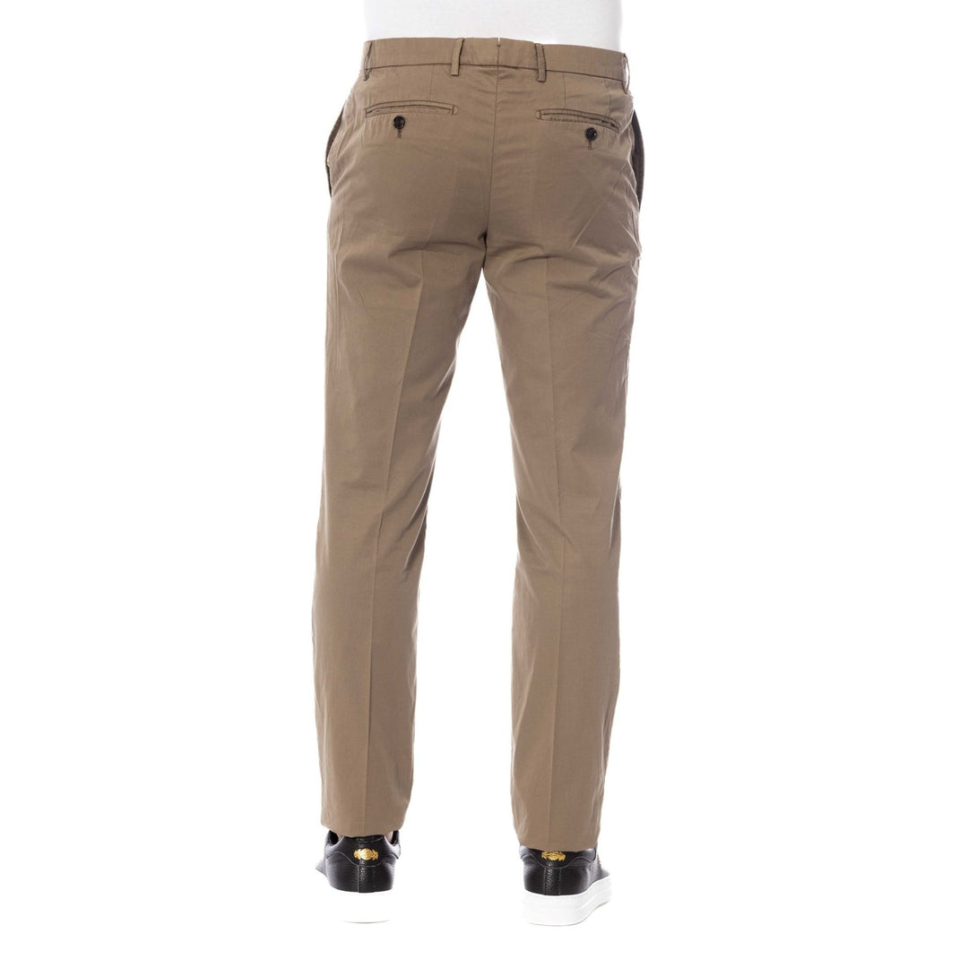 A pair of brown Trussardi trousers with a front fly fastening, visible button, and four pockets.