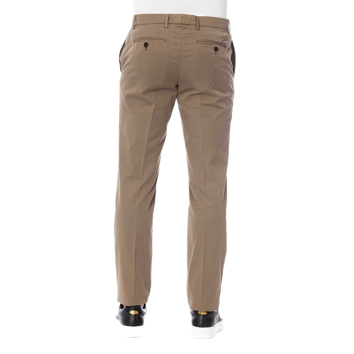 A pair of brown Trussardi trousers with a front fly fastening, visible button, and four pockets.