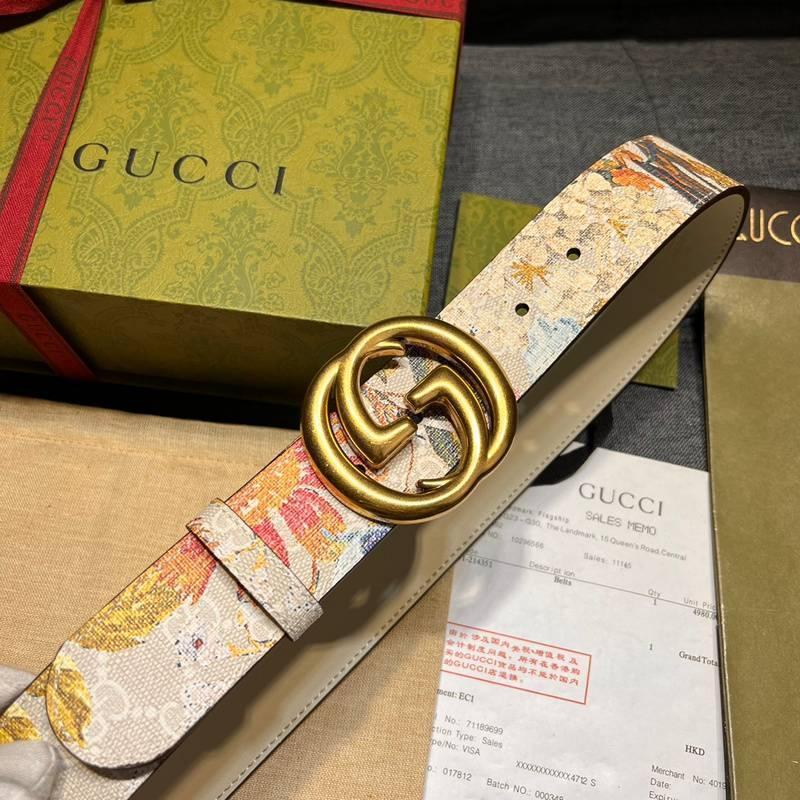 Gucci Guccissima Leather Floral Print Double Gold G Buckle Woman Belt &