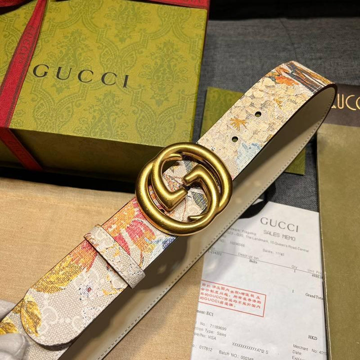 Gucci Guccissima Leather Floral Print Double Gold G Buckle Woman Belt &