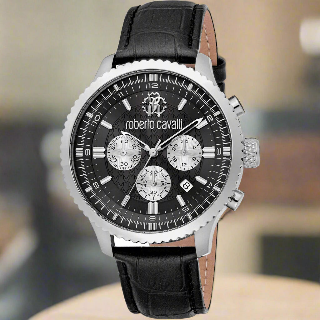 Roberto Cavalli analog watch with black leather strap, chronograph features, and quartz movement, stainless steel case, 44mm.
