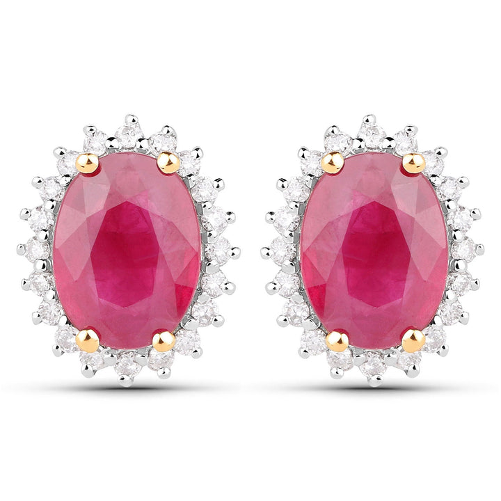 3.14 Carat Genuine Ruby and White Diamond 14K Yellow Gold Earrings