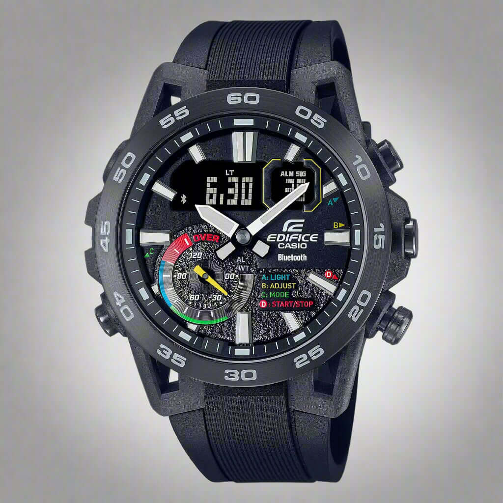 Black Casio Edifice watch with digital and analog display on a white background