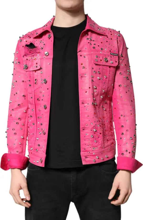 Dolce & Gabbana Pink Crystal Embellished Cotton Denim Jacket showcasing luxury fashion style with dazzling embellishments.