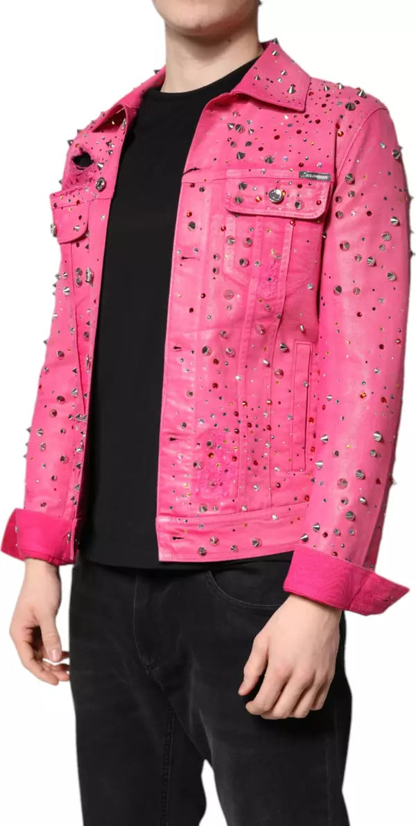 Dolce & Gabbana Pink Crystal Embellished Cotton Denim Jacket showcasing luxury fashion details.