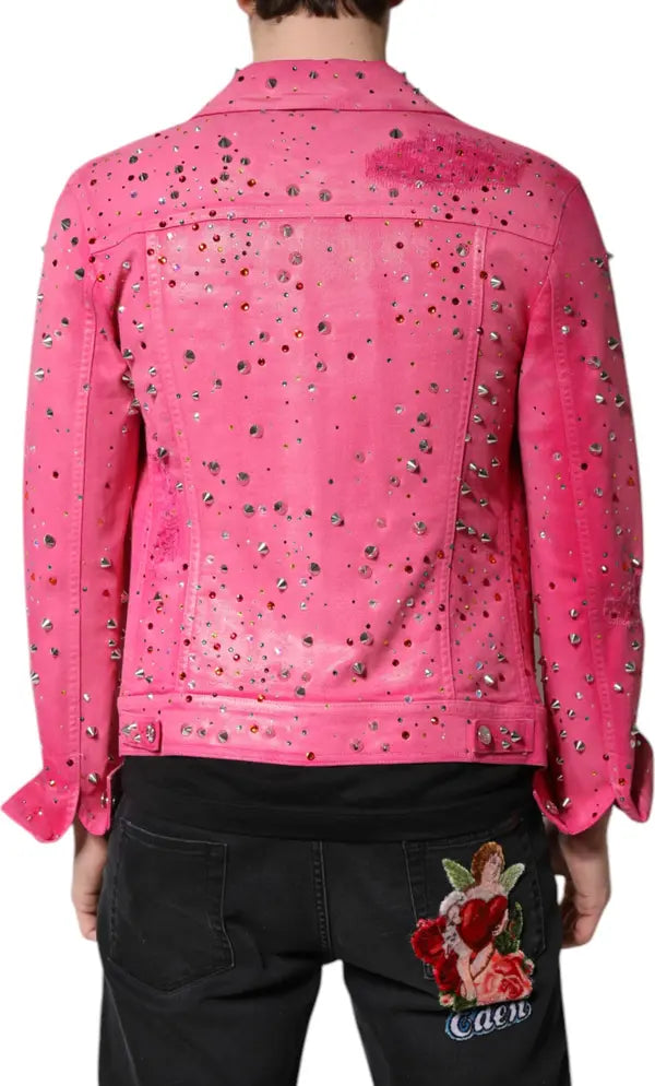 Dolce & Gabbana Pink Crystal Embellished Cotton Denim Jacket back view showcasing luxury fashion details.