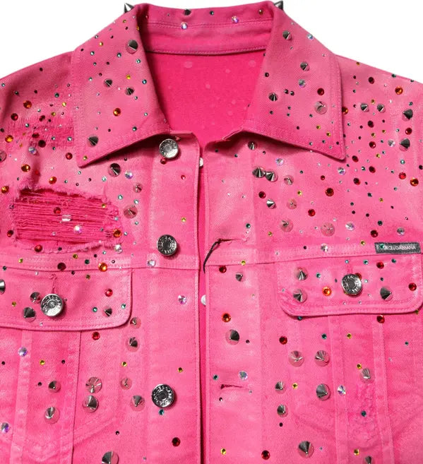 Dolce & Gabbana Pink Crystal Embellished Cotton Denim Jacket featuring luxurious design and vibrant pink color.