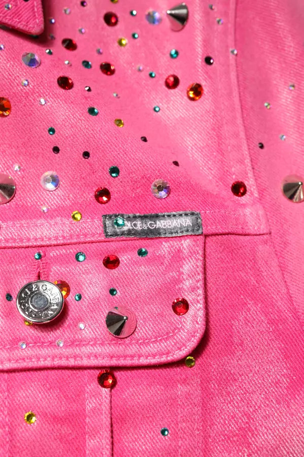 Dolce & Gabbana Pink Crystal Embellished Cotton Denim Jacket featuring colorful crystal details and logo.