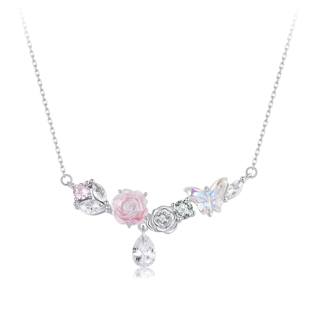925 Sterling Silver Necklace with CZ &amp; Resin Pendant, 18x39mm, Plated with White Gold