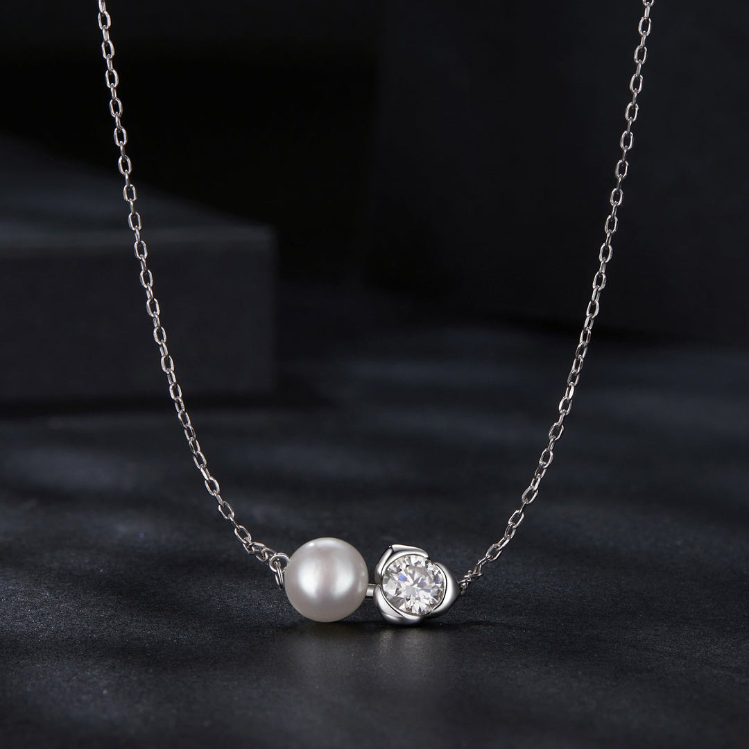 925 Sterling Silver Moissanite &amp; Freshwater Pearl White Gold Necklace 45cm for Women
