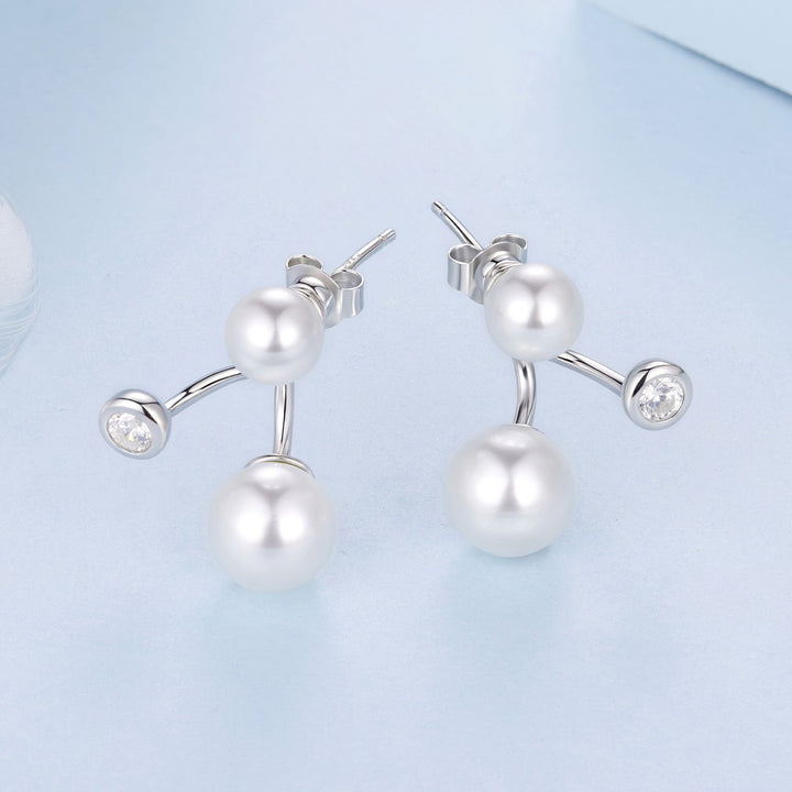 925 Sterling Silver Earrings with CZ and Synthetic Pearl, 1.7cm, White Gold Plated for Women