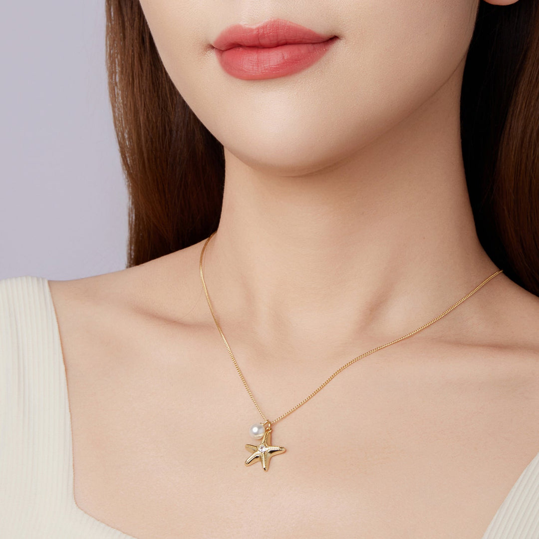 925 Sterling Silver Necklace with Gold Plating, 40+5cm, Featuring Synthetic Pearl &amp; CZ for Women