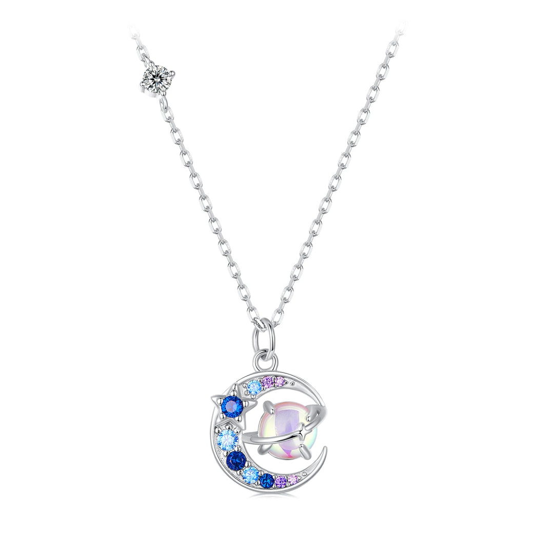 925 Sterling Silver Necklace with Pavé CZ &amp; Transparent Glass Pendant for Women
