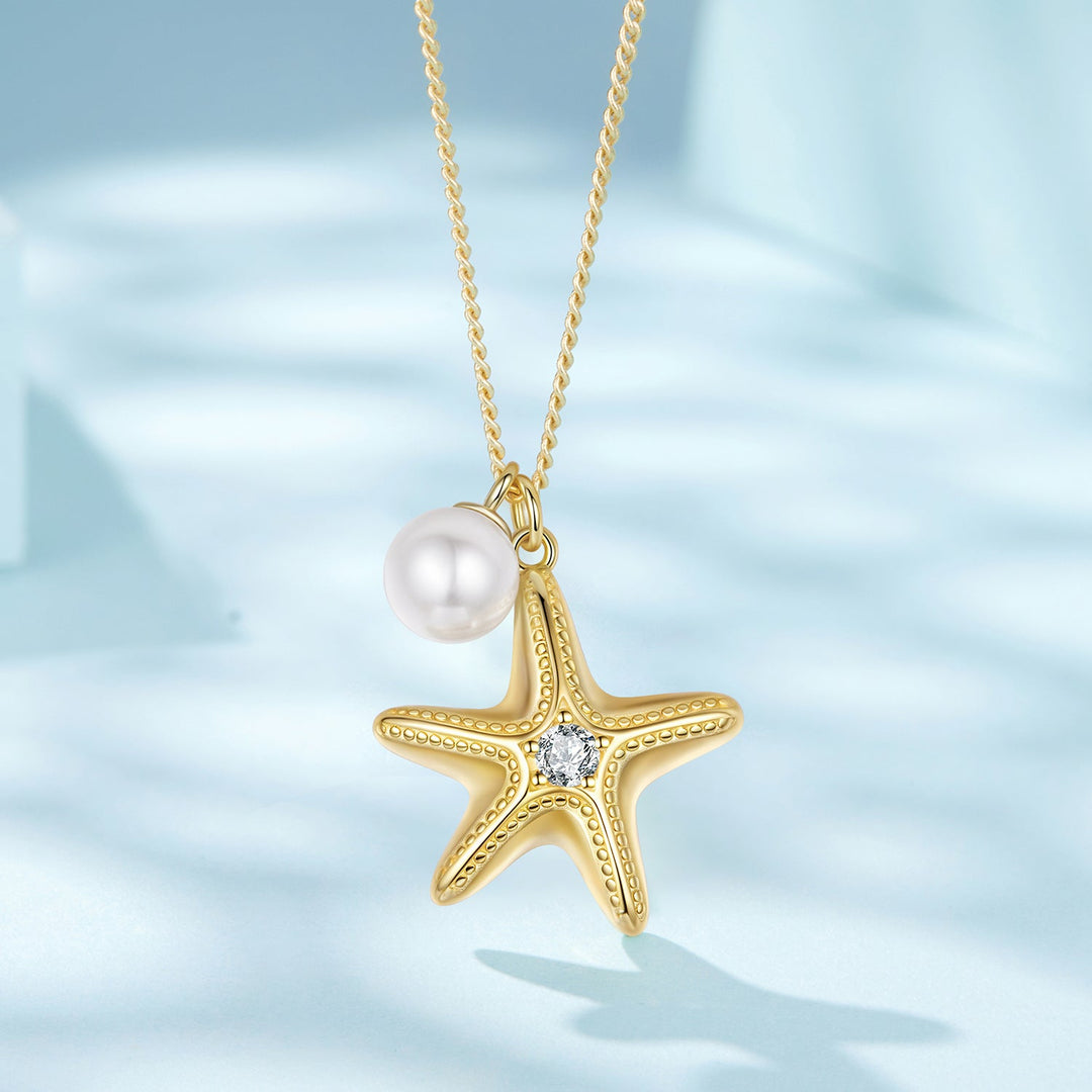 925 Sterling Silver Necklace with Gold Plating, 40+5cm, Featuring Synthetic Pearl &amp; CZ for Women