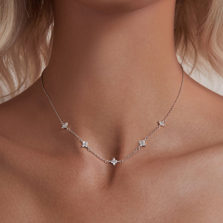 925 Sterling Silver Pave Setting CZ Necklace with White Gold Plating 400mm for Women