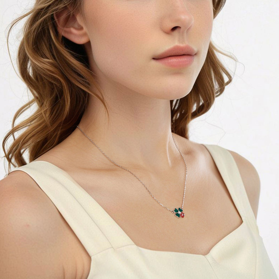 925 Sterling Silver Necklace with Enamel, White Gold Plated, 40+5 cm Chain Length, Women&