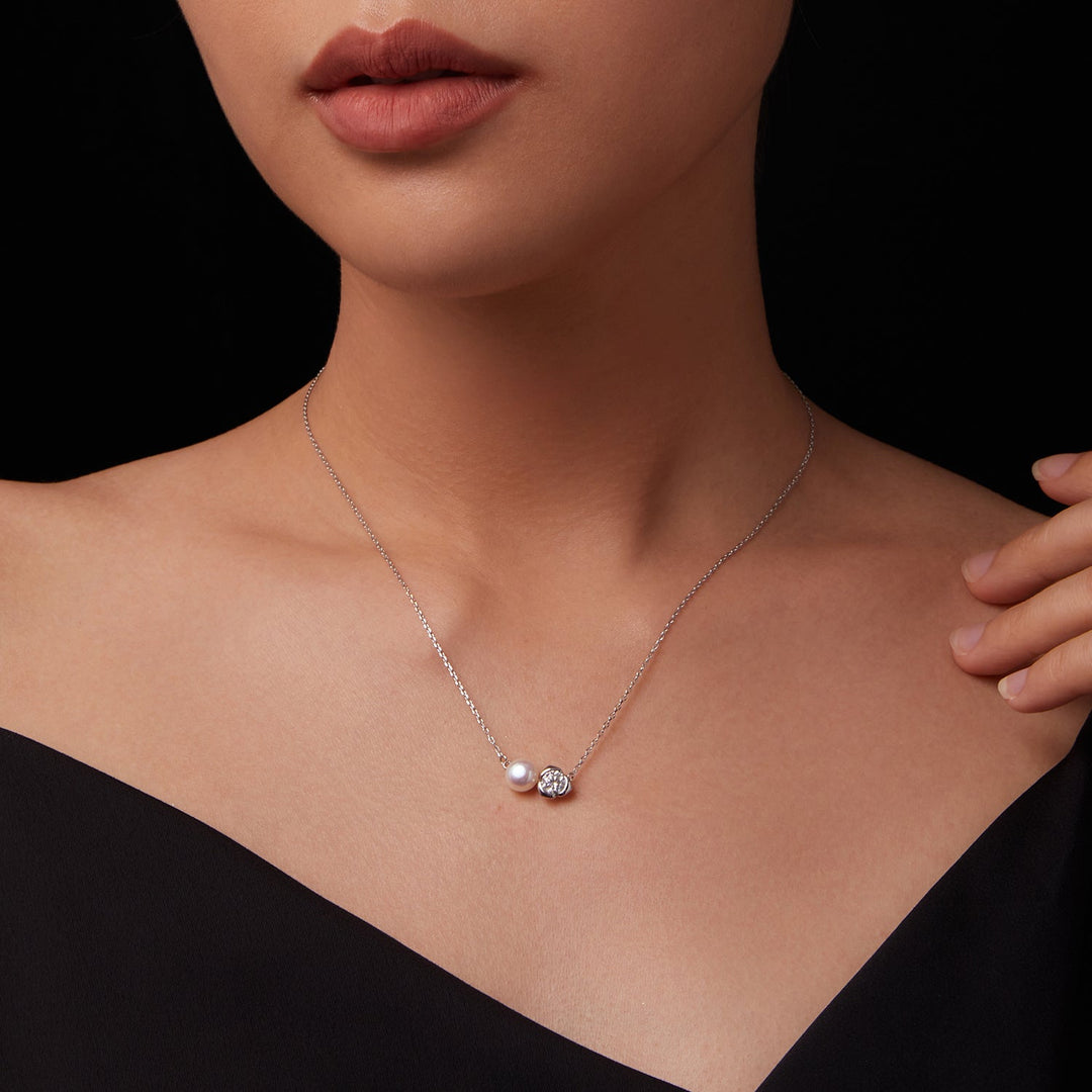 925 Sterling Silver Moissanite &amp; Freshwater Pearl White Gold Necklace 45cm for Women