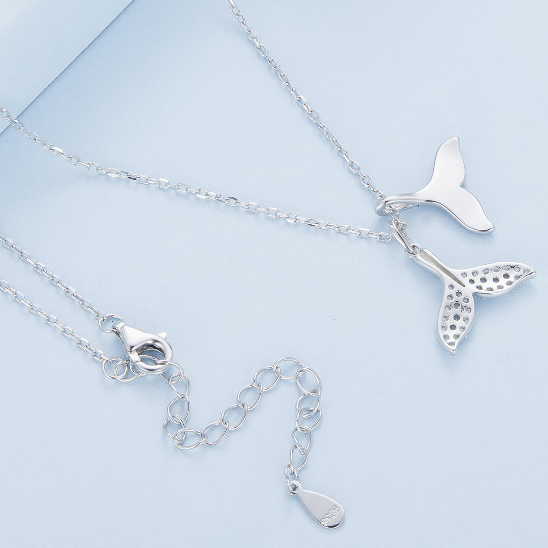 925 Sterling Silver Necklace with CZ &amp; Enamel - 40+5cm Length, Fishtail Design for Women