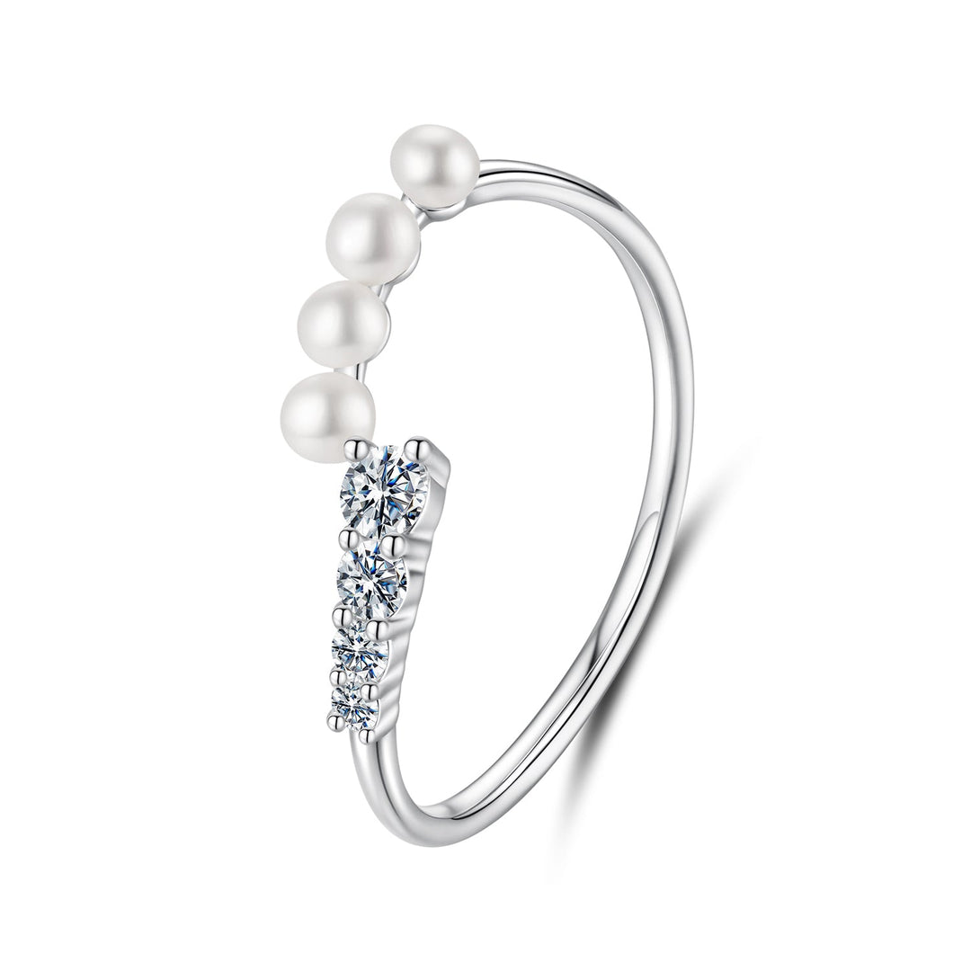925 Sterling Silver Moissanite &amp; Freshwater Pearl Ring, White Gold Plated, Size E for Women