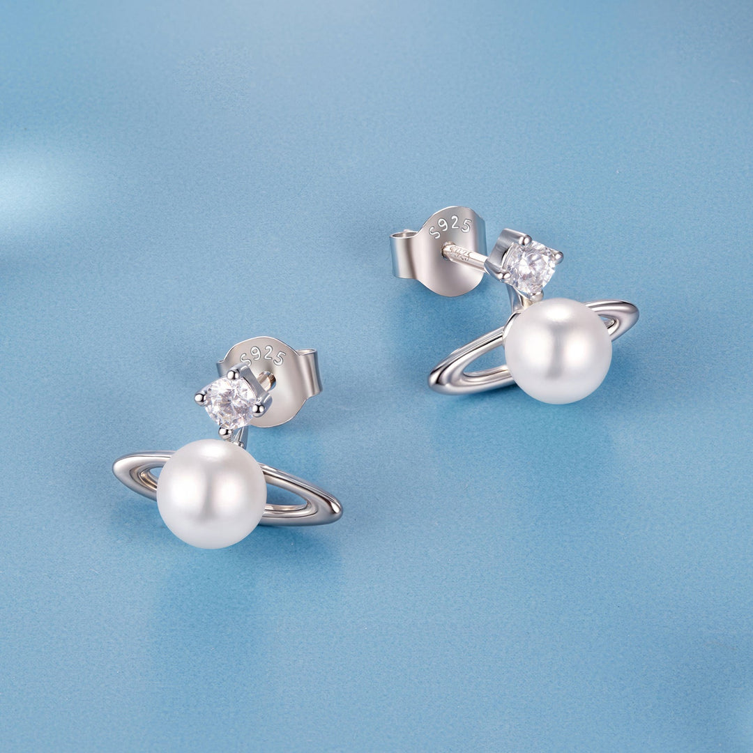 925 Sterling Silver Earrings with White Gold Plating and Shell Pearl