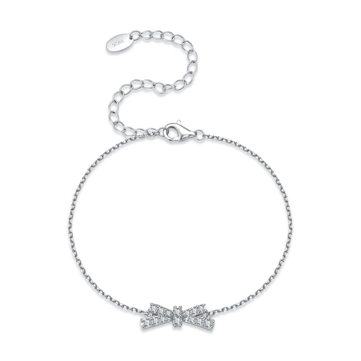 925 Sterling Silver White Gold Plated Moissanite Bow-Knot 15+6cm Bracelet for Women