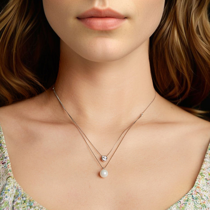 925 Sterling Silver Moissanite &amp; Quality Shell Pearl Necklace for Women - 40+5cm, White Gold Plated