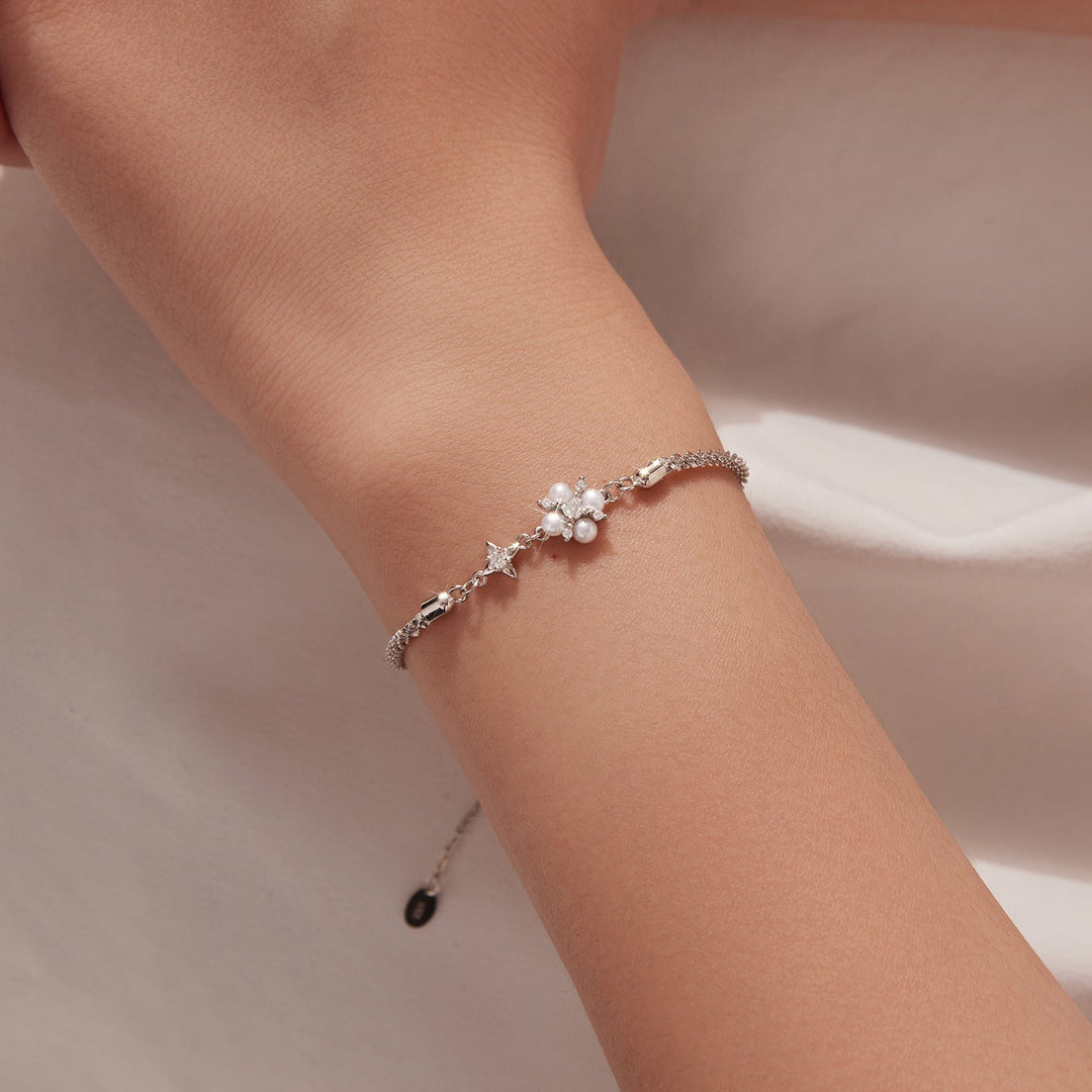 925 Sterling Silver Adjustable Moissanite &amp; Natural Pearl Bracelet for Women