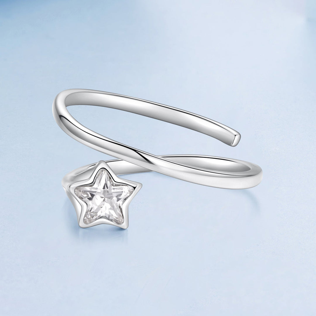 925 Sterling Silver White Gold Plated Pavé CZ Star Ring for Women
