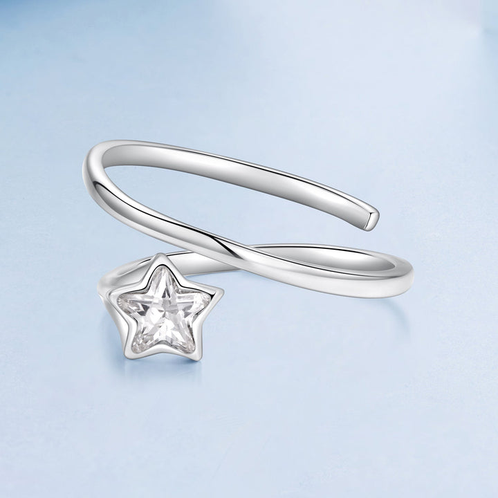 925 Sterling Silver White Gold Plated Pavé CZ Star Ring for Women